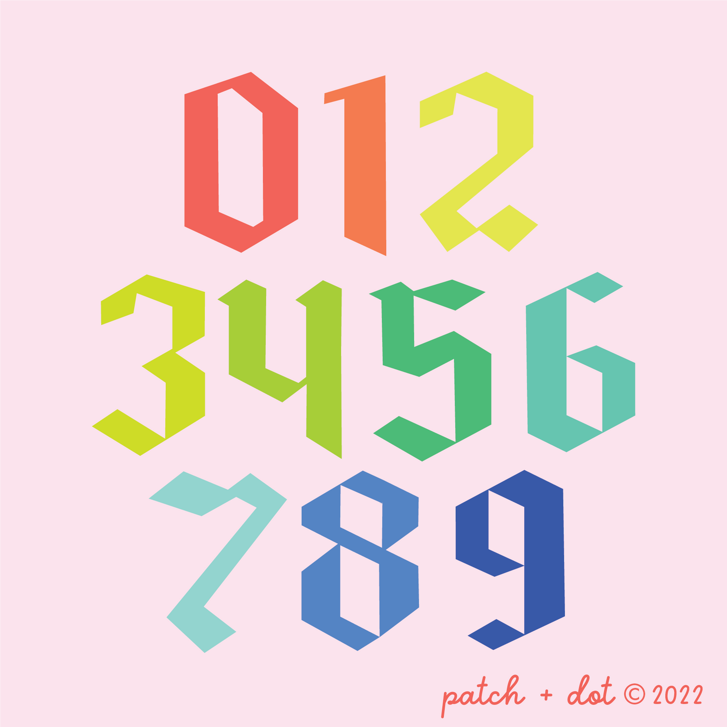 Tall version of the blackletter number block set, in rainbow colors on a pink background