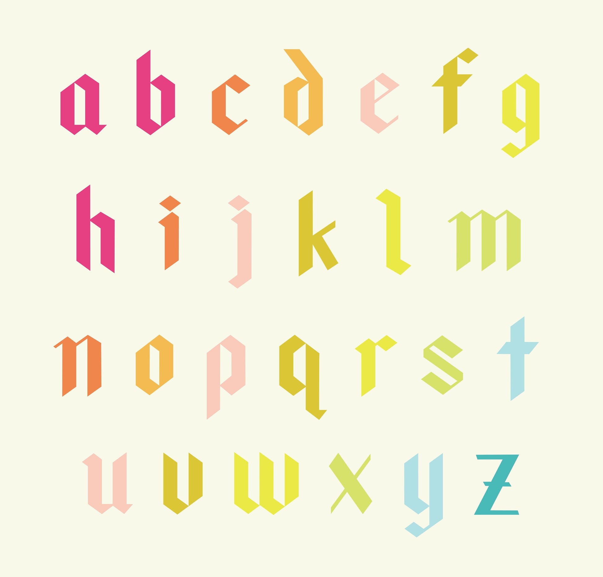 Blackletter quilt block mockup showing lowercase letters a to z