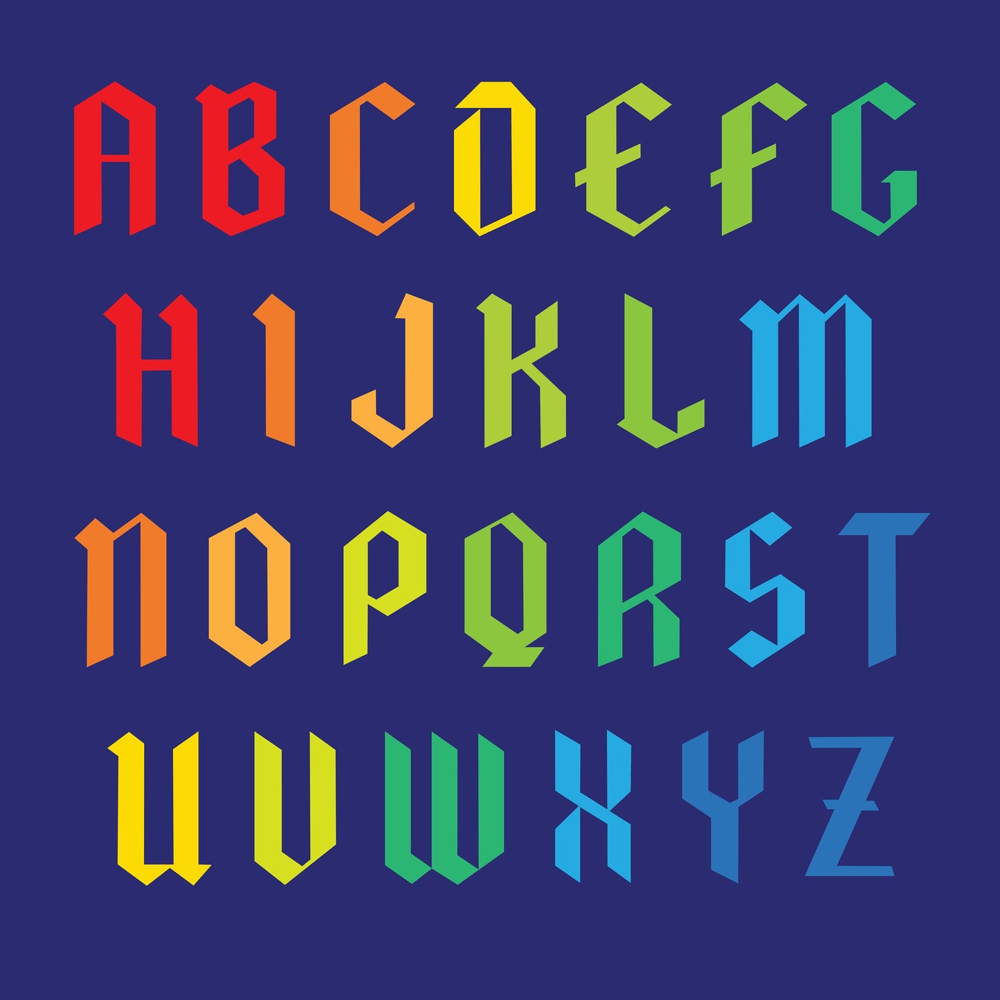 Quilted letters pattern mockup in rainbow colors on a navy background