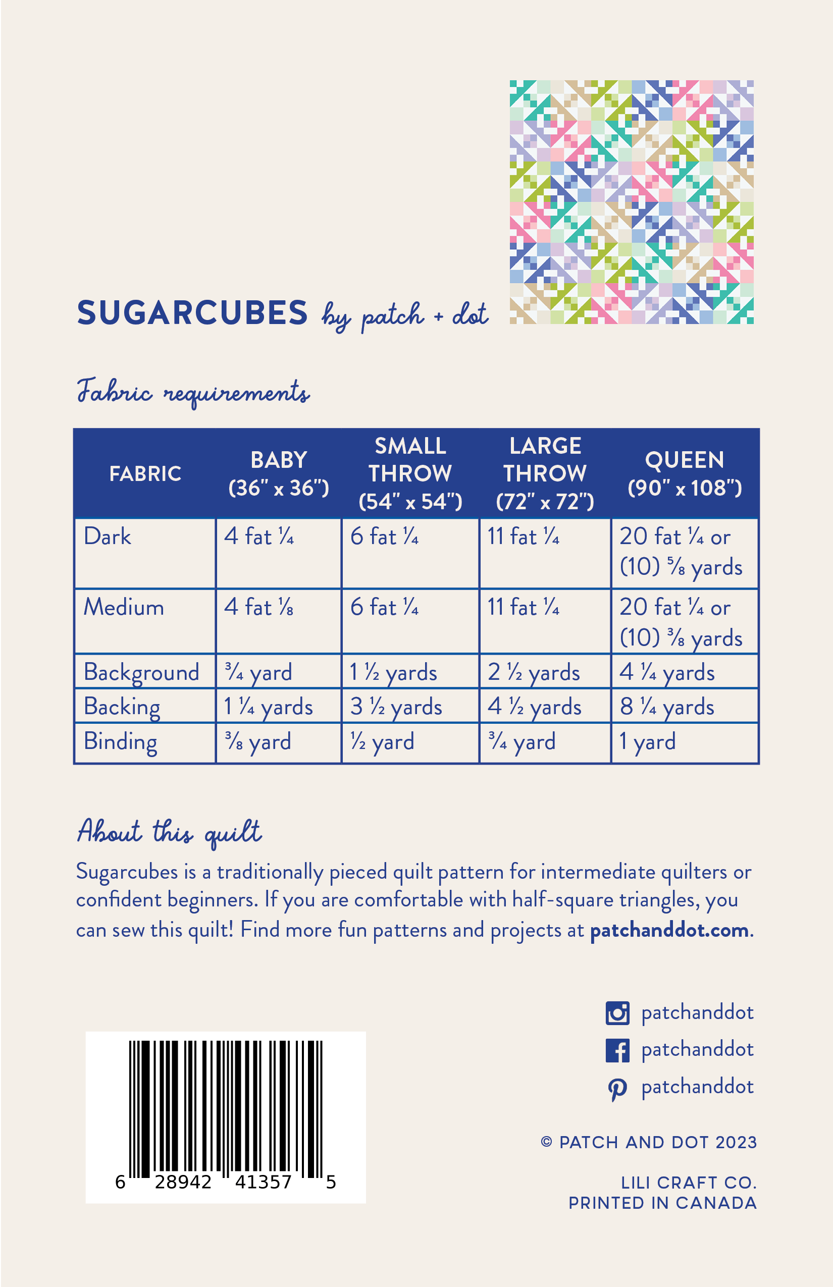 Back cover of Sugarcubes cover with all fabric requirements for fat quarter friendly quilt